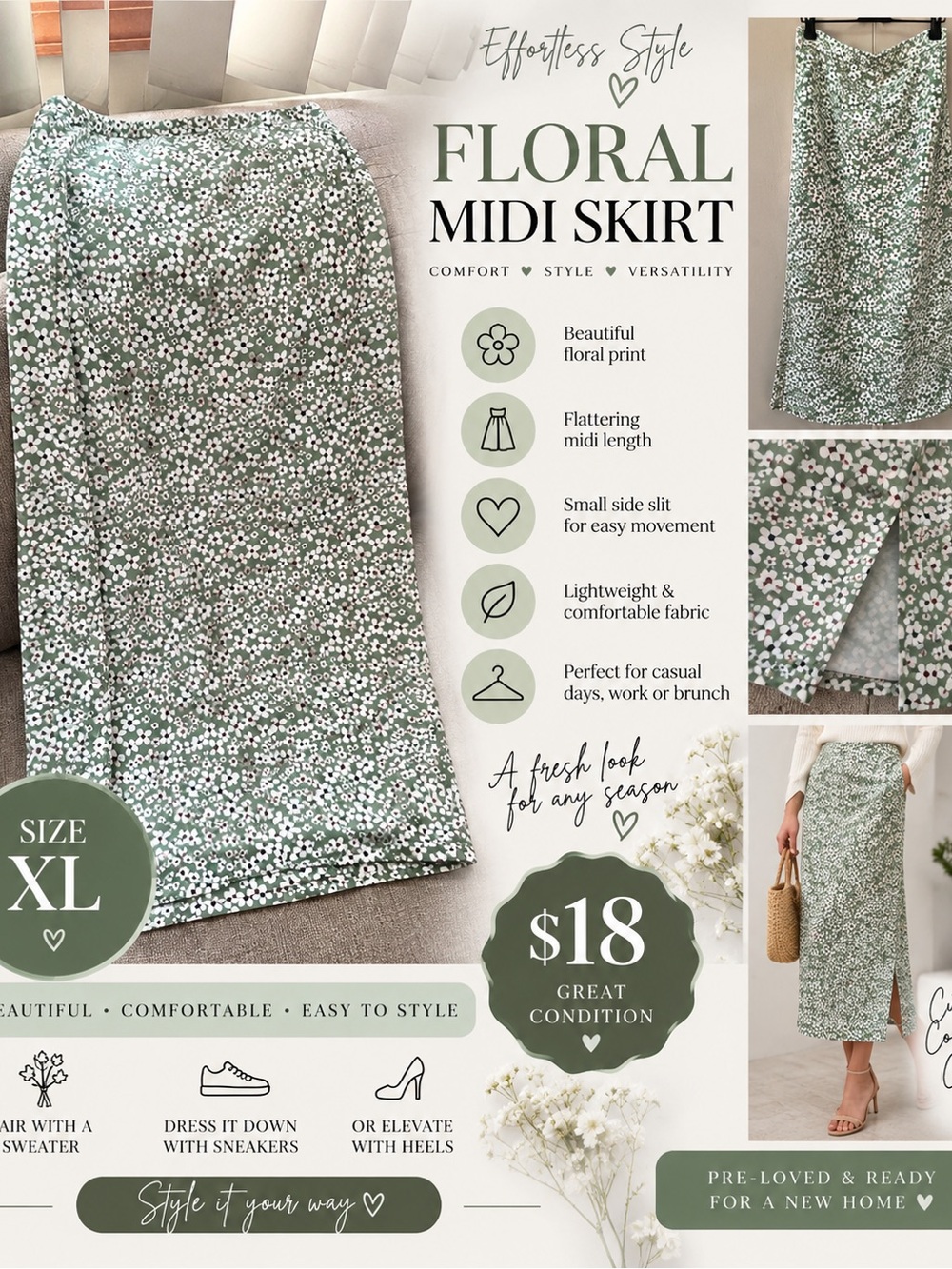 Floral Midi Skirt - Green Daisy Print